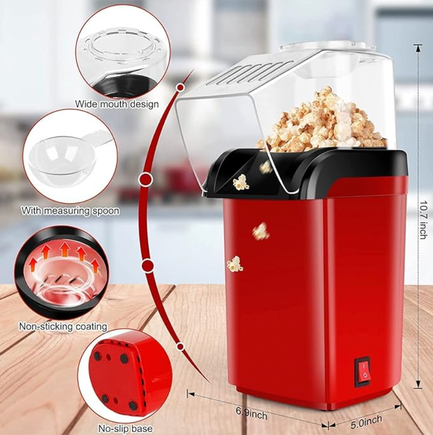 Oil-Free Electric Popcorn Maker – 1200W Hot Air Popper Machine for Healthy Snacks, Easy Operation, Great for Home, Parties, Kids & Adults