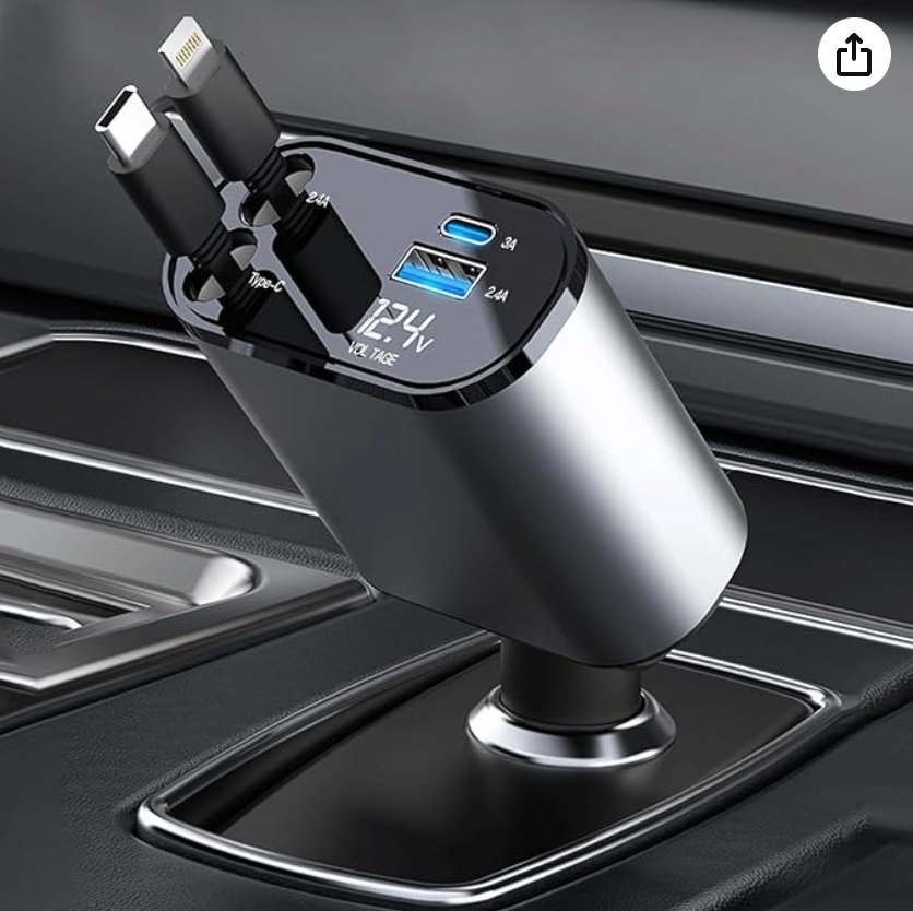 4-in-1 Retractable Car Charger 120W Super Fast Charge.