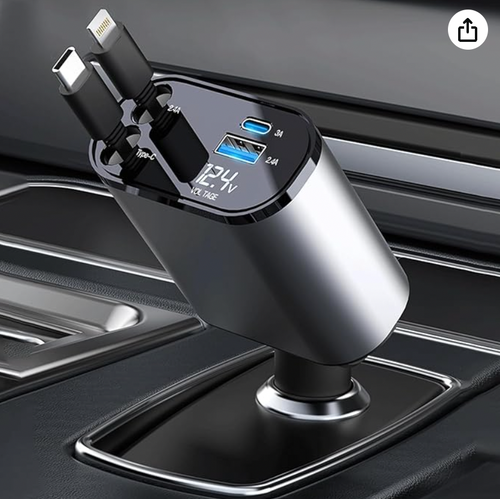 4-in-1 Retractable Car Charger 120W Super Fast Charge.