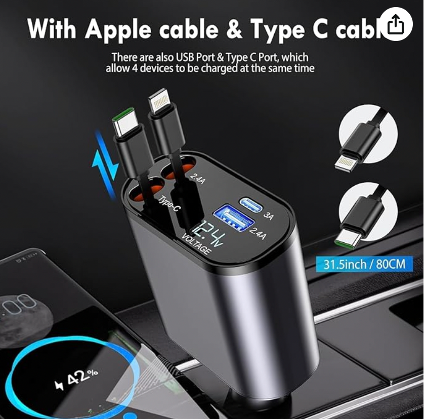 4-in-1 Retractable Car Charger 120W Super Fast Charge.