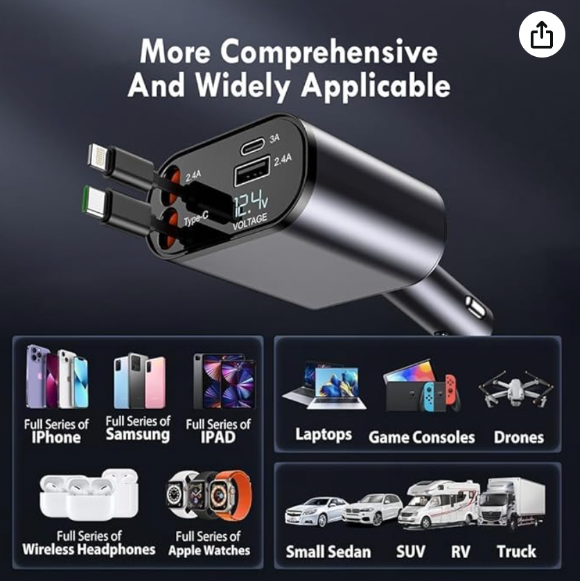 4-in-1 Retractable Car Charger 120W Super Fast Charge.