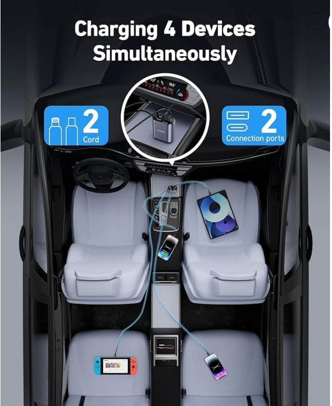 4-in-1 Retractable Car Charger 120W Super Fast Charge.