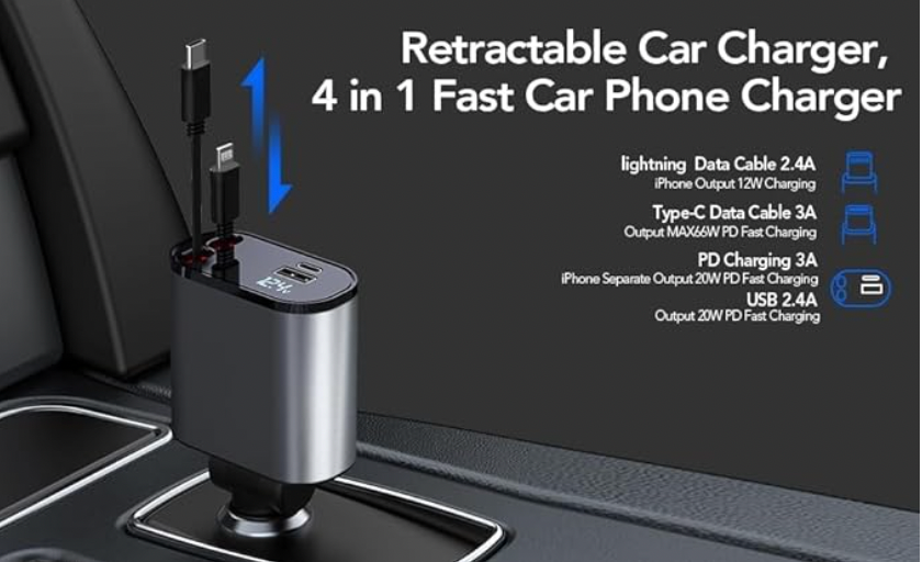 4-in-1 Retractable Car Charger 120W Super Fast Charge.